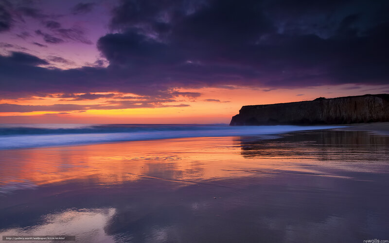Beach at Sunset — Purple, Dramatic, Photograph, Ocean, Cliff