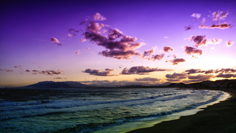 Beach at Sunset — Purple, Dramatic, Photograph, Ocean, Mountains