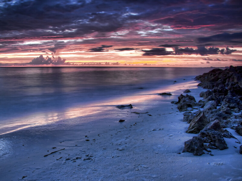 Beach at Sunset — Purple, Dramatic, Photograph, Ocean, Rocks