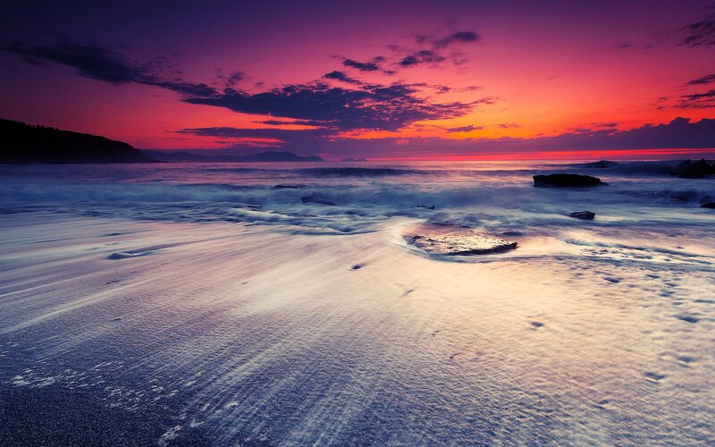 Beach at Sunset — Purple, Dramatic, Photograph, Ocean, Sky, Rocks, Pink