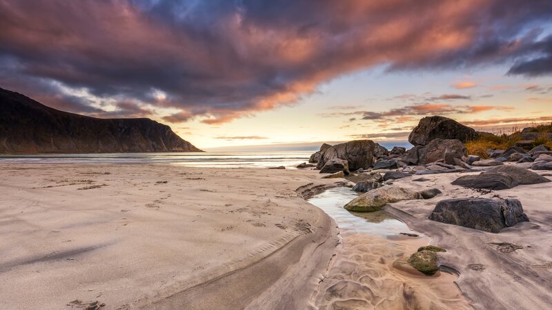 Beach at Sunset — Purple, Dramatic, Photograph, Rocks, Mountain