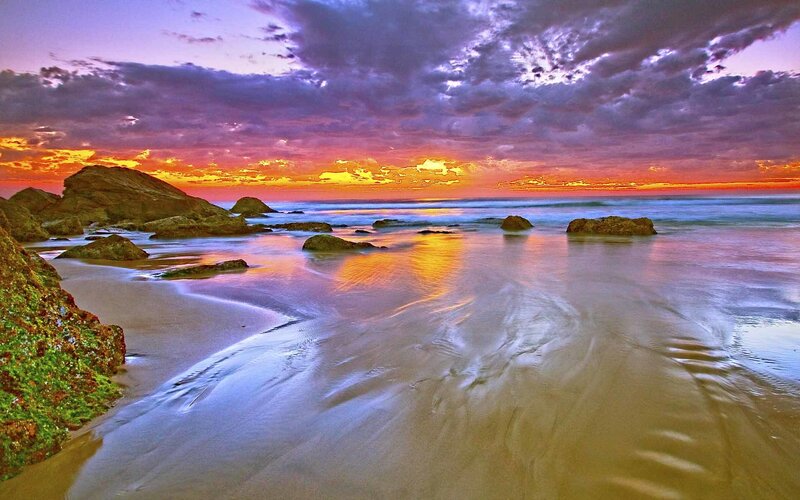 Beach at Sunset — Purple, Dramatic, Photograph, Rocks, Ocean, Sky
