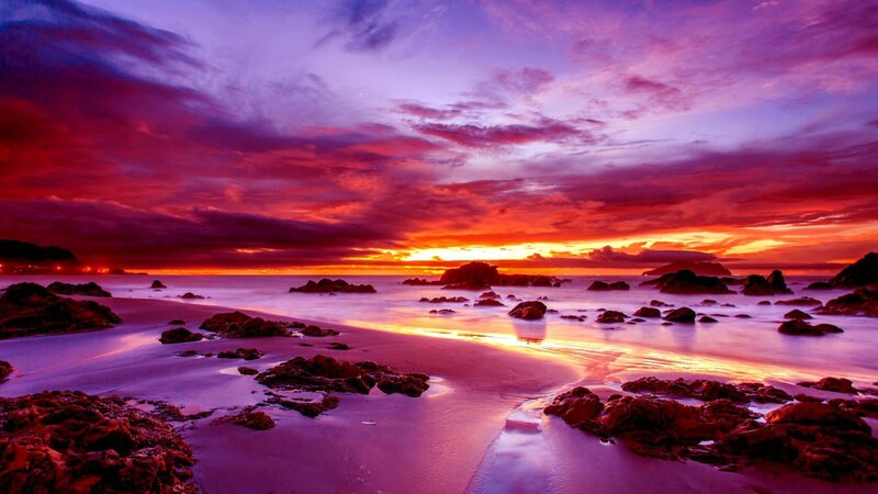 Beach at Sunset — Purple, Dramatic, Photograph, Rocks, Ocean
