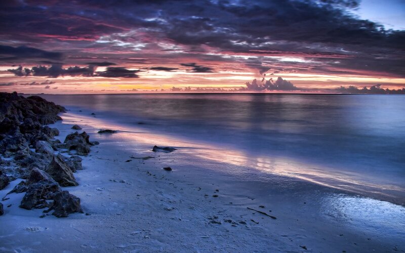 Beach at Sunset — Purple, Dramatic, Photograph, Rocks, Sky
