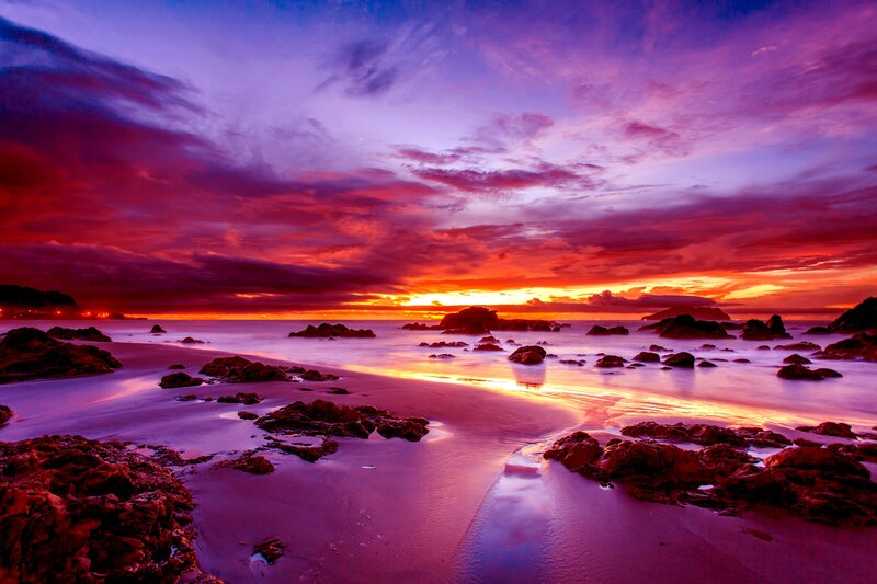 Beach at Sunset — Purple, Dramatic, Photograph, Rocks