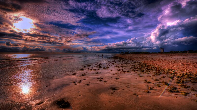 Beach at Sunset — Purple, Dramatic, Photograph, Sky, Ocean, People