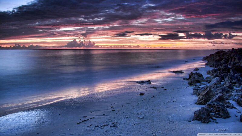 Beach at Sunset — Purple, Dramatic, Photograph, Sky, Ocean, Rocks