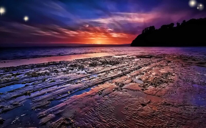 Beach at Sunset — Purple, Dramatic, Photograph, Sky, Sea