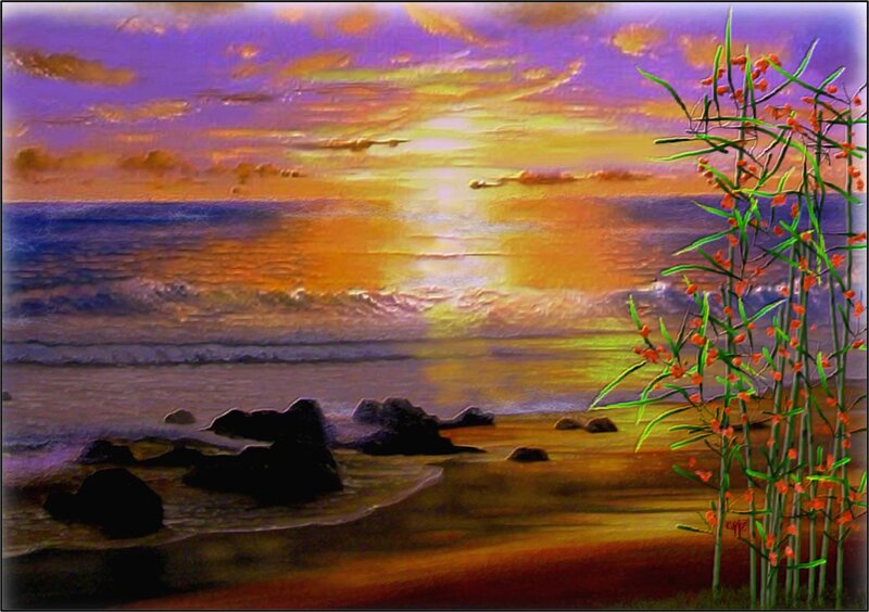 Beach at Sunset — Purple, Serene, Painting