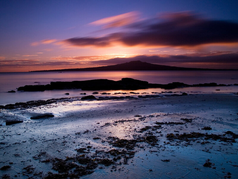Beach at Sunset — Purple, Serene, Photograph, Mountain