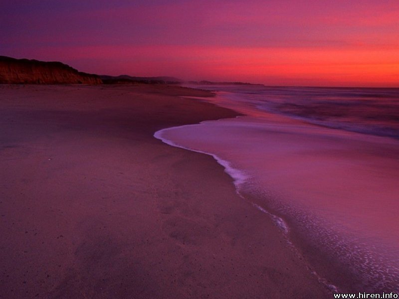 Beach at Sunset — Purple, Serene, Photograph, Ocean, Cliff