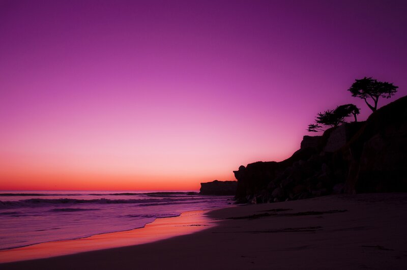 Beach at Sunset — Purple, Serene, Photograph, Ocean, Cliff, Trees