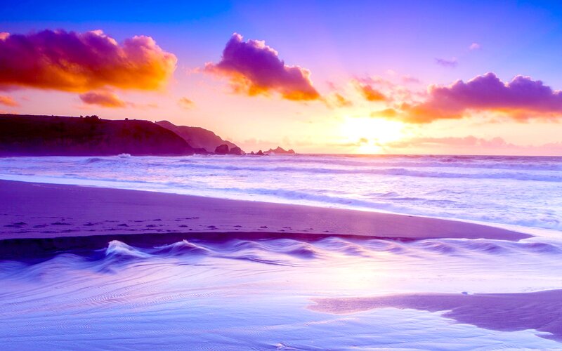 Beach at Sunset — Purple, Serene, Photograph, Ocean, Cliffs, Clouds