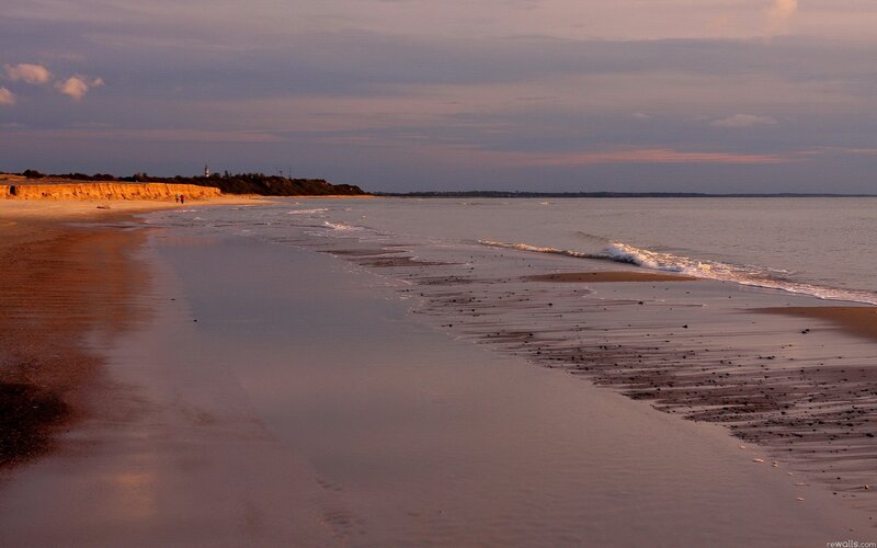 Beach at Sunset — Purple, Serene, Photograph, Ocean, Cliffs, Lighthouse