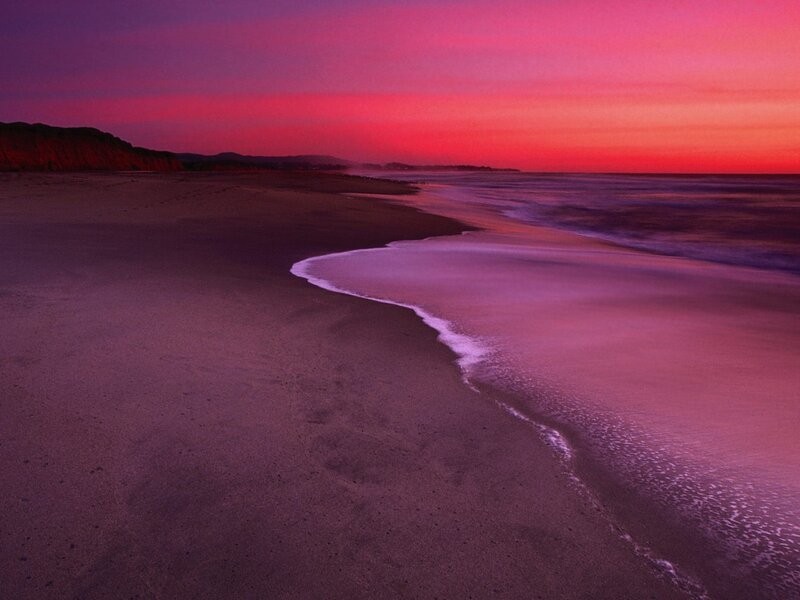 Beach at Sunset — Purple, Serene, Photograph, Ocean, Cliffs