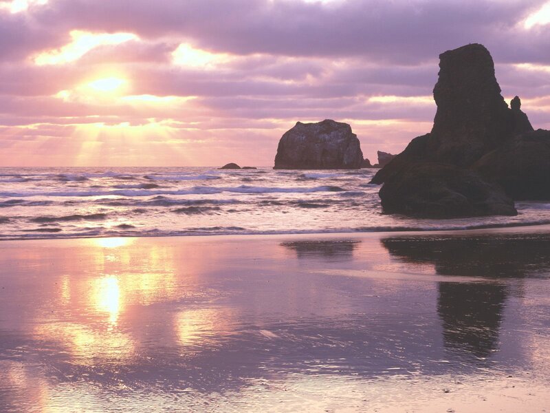 Beach at Sunset — Purple, Serene, Photograph, Ocean, Rocks, Clouds