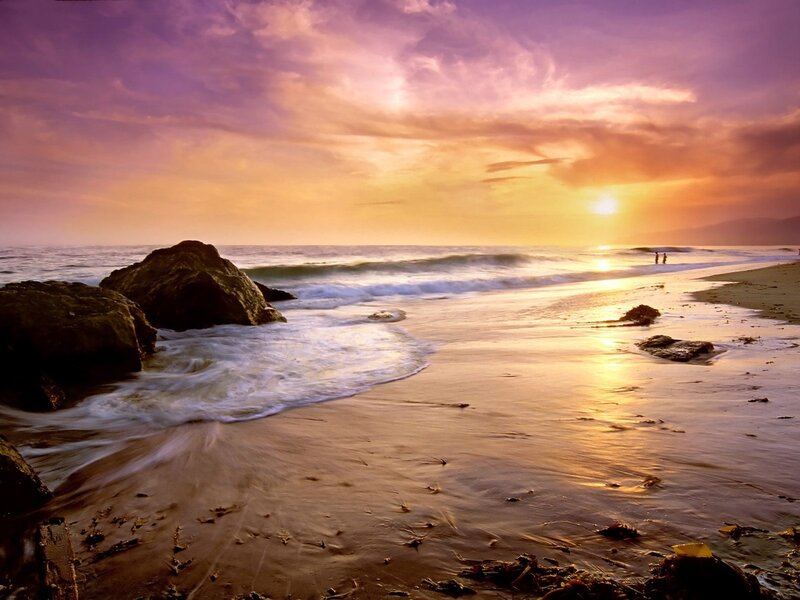 Beach at Sunset — Purple, Serene, Photograph, Ocean, Rocks