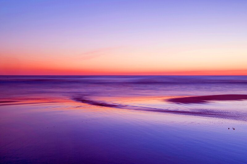 Beach at Sunset — Purple, Serene, Photograph, Ocean, Sky, Sand
