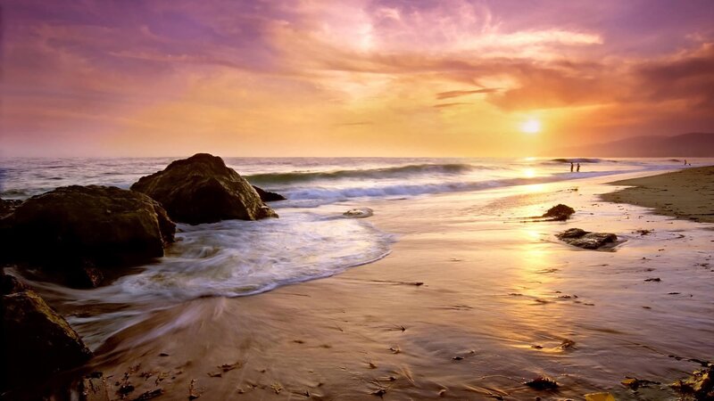 Beach at Sunset — Purple, Serene, Photograph, Rocks, Ocean Waves