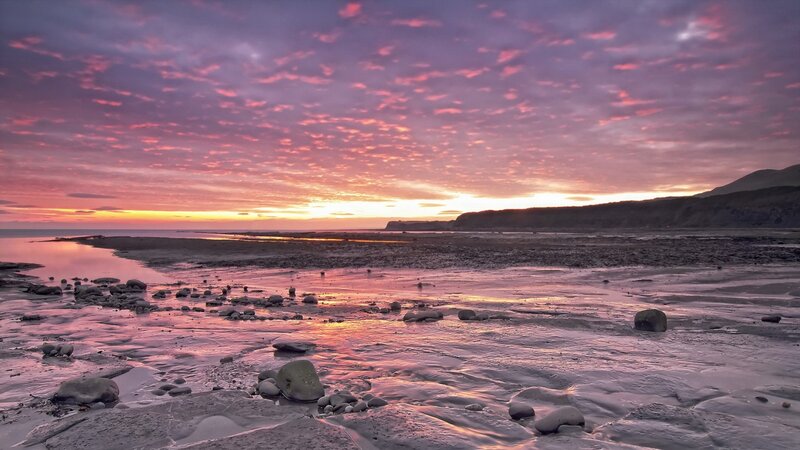 Beach at Sunset — Purple, Serene, Photograph, Rocks, Sky