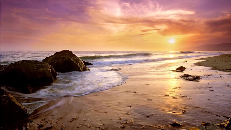 Beach at Sunset — Purple, Serene, Photograph, Rocks