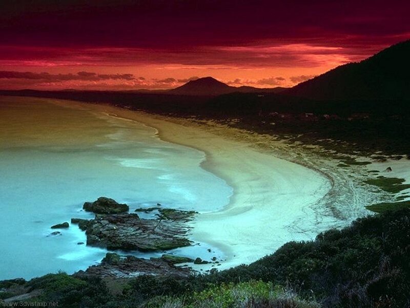 Beach at Sunset — Red, Dramatic, Photograph, Mountains