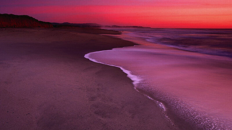 Beach at Sunset — Red, Dramatic, Photograph, Ocean, Cliffs