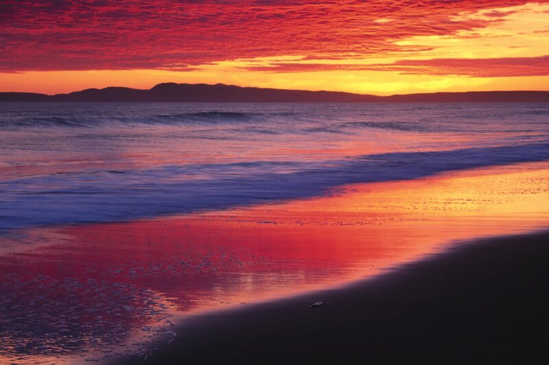 Beach at Sunset — Red, Dramatic, Photograph, Ocean, Mountains