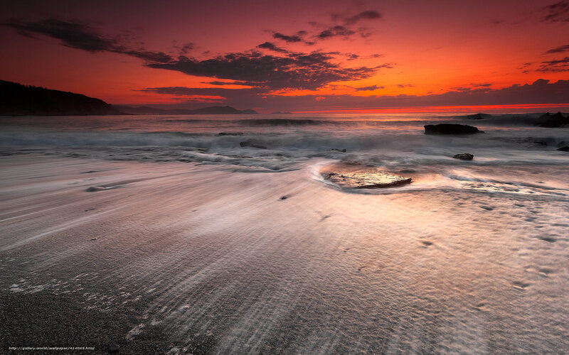 Beach at Sunset — Red, Dramatic, Photograph, Ocean, Rocks, Sky