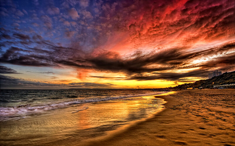 Beach at Sunset — Red, Dramatic, Photograph, Ocean