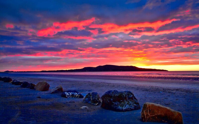 Beach at Sunset — Red, Dramatic, Photograph, Rocks, Clouds