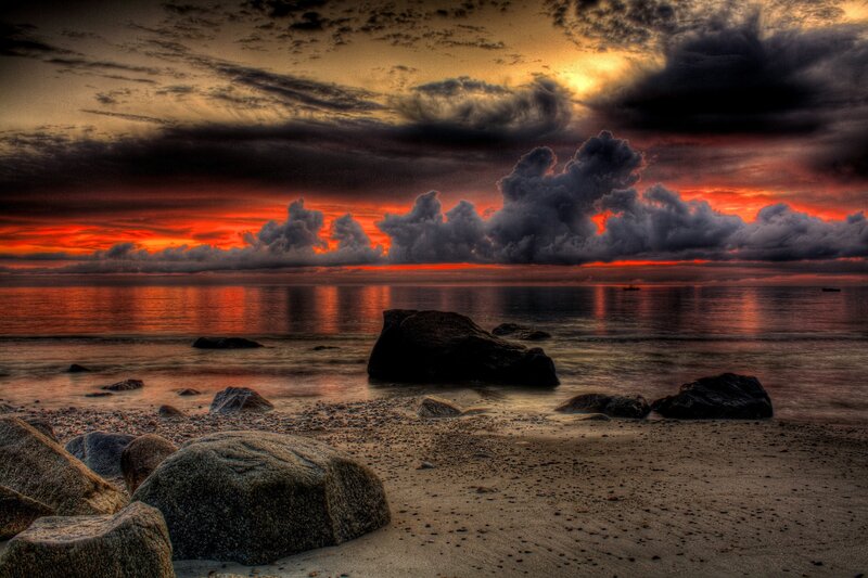 Beach at Sunset — Red, Dramatic, Photograph, Rocks, Ocean