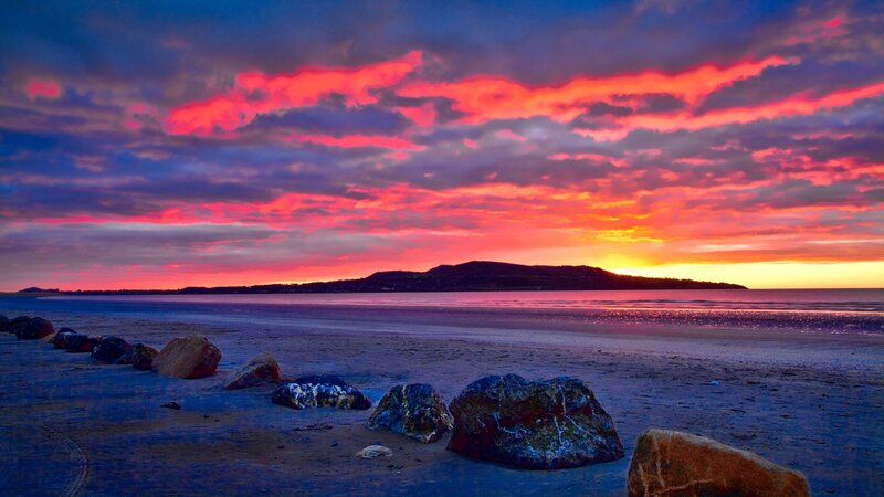 Beach at Sunset — Red, Dramatic, Photograph, Rocks, Sky