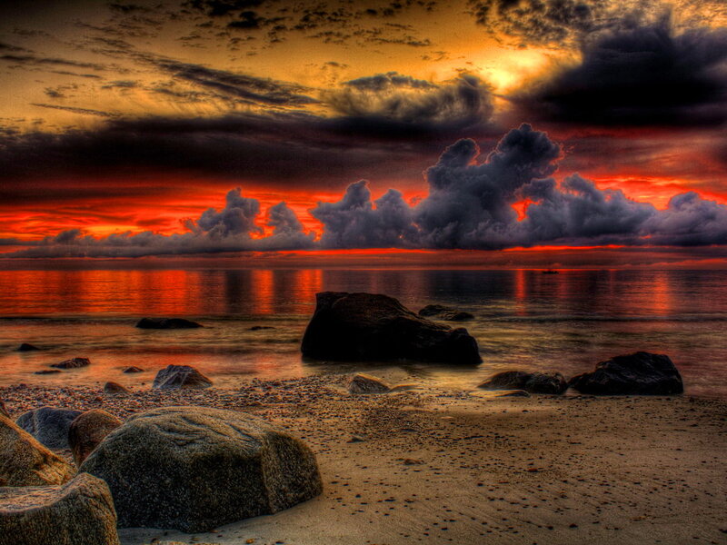 Beach at Sunset — Red, Dramatic, Photograph, Rocks