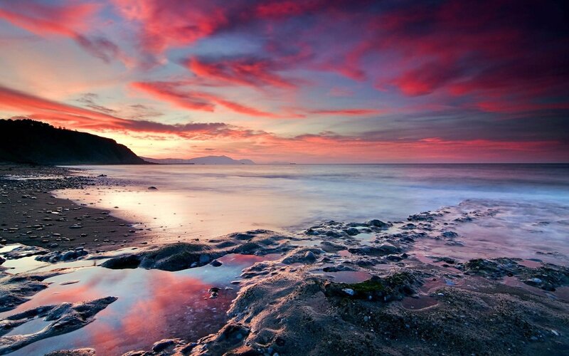 Beach at Sunset — Red, Dramatic, Photograph, Sky, Ocean, Rocks