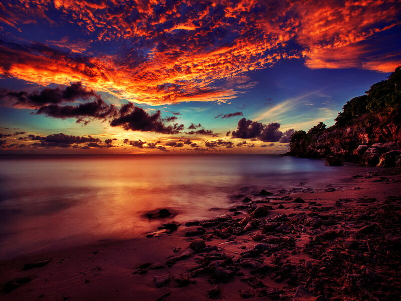 Beach at Sunset — Red, Dramatic, Photograph, Sky