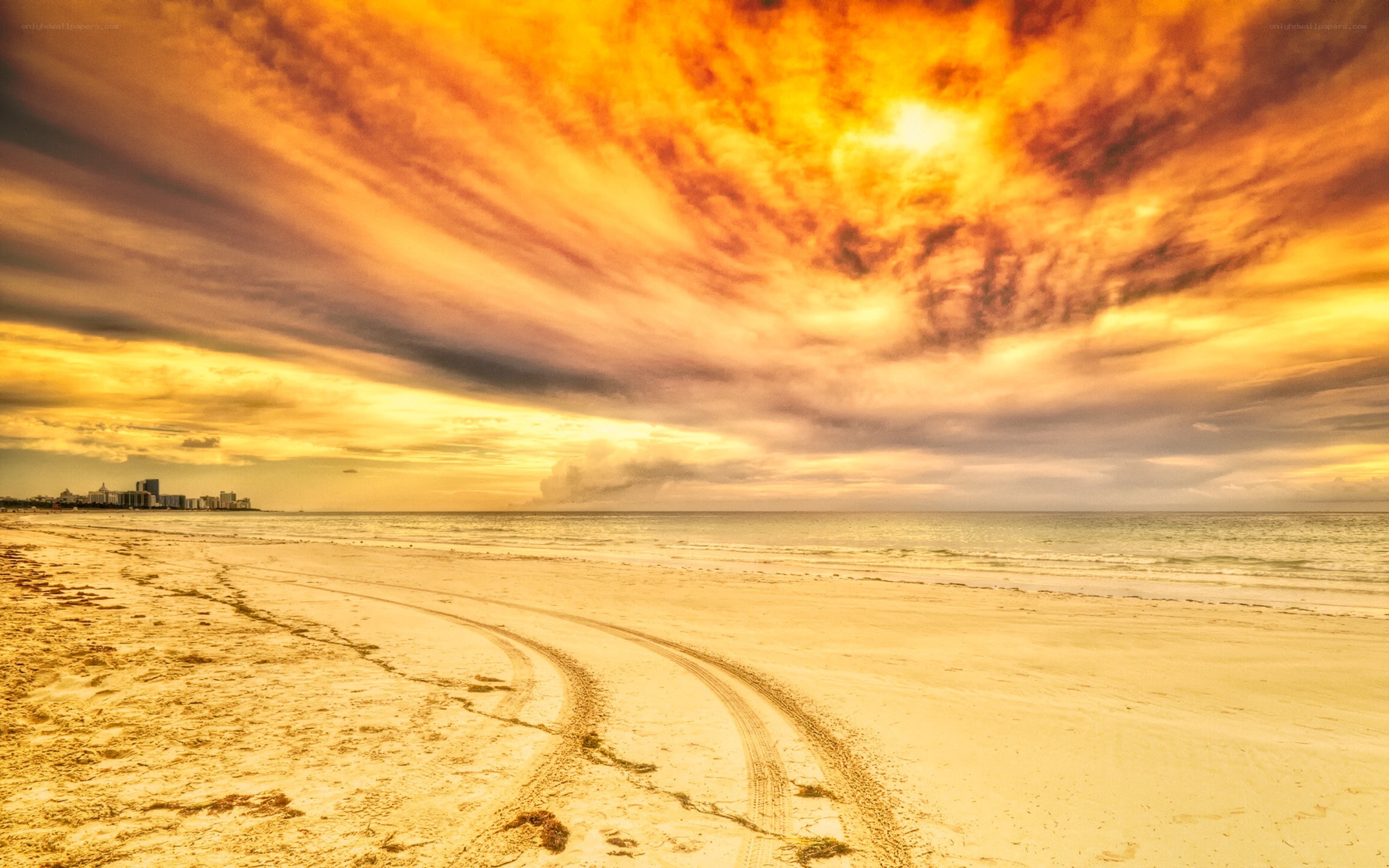 Beach at sunset with city skyline
