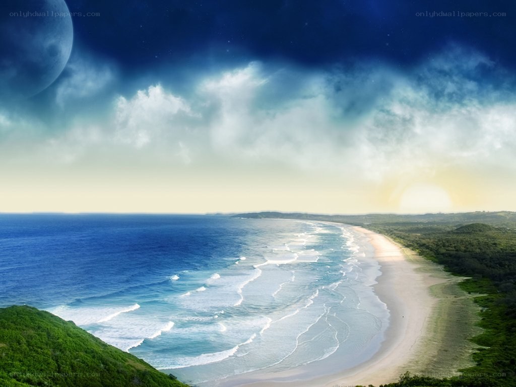 Beach at sunset with moon