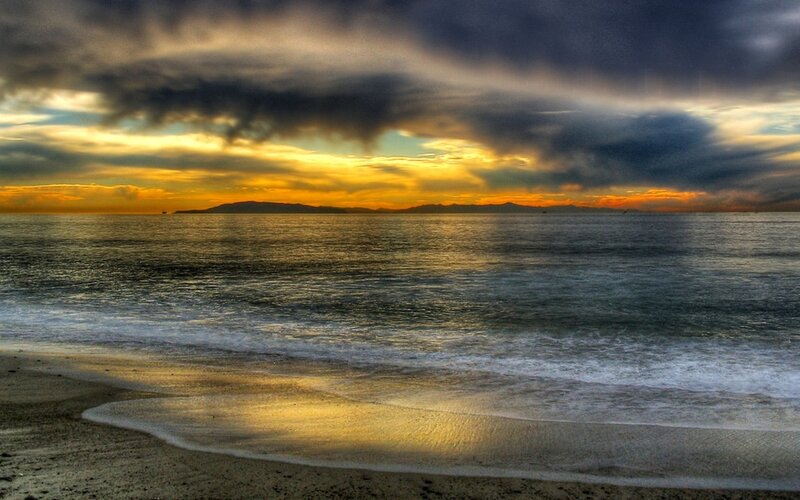 Beach at Sunset — Yellow, Dramatic, Photograph, Ocean, Clouds