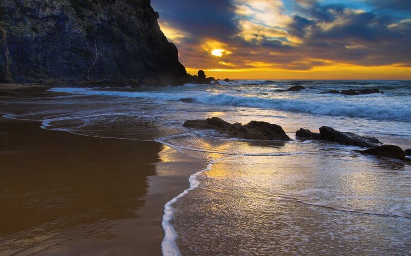 Beach at Sunset — Yellow, Dramatic, Photograph, Ocean, Rocks