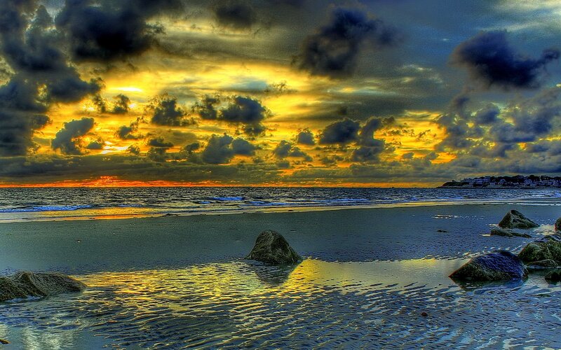Beach at Sunset — Yellow, Dramatic, Photograph, Ocean