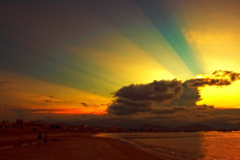 Beach at Sunset — Yellow, Dramatic, Photograph, People
