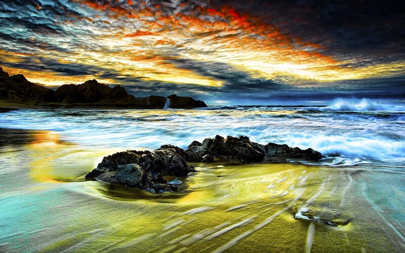 Beach at Sunset — Yellow, Dramatic, Photograph, Rocks, Ocean, Sky