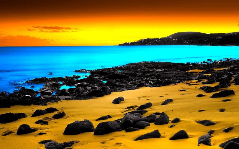 Beach at Sunset — Yellow, Dramatic, Photograph, Rocks, Ocean