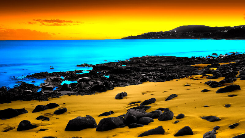 Beach at Sunset — Yellow, Dramatic, Photograph, Rocks