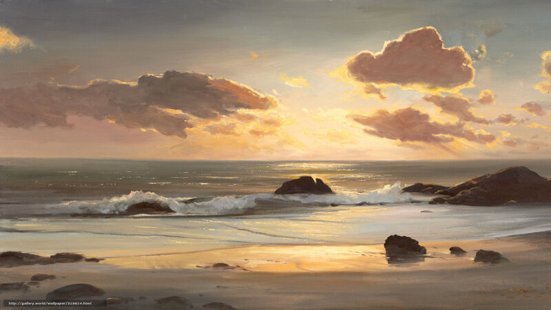 Beach at Sunset — Yellow, Serene, Painting, Ocean