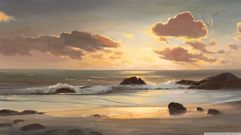 Beach at Sunset — Yellow, Serene, Painting