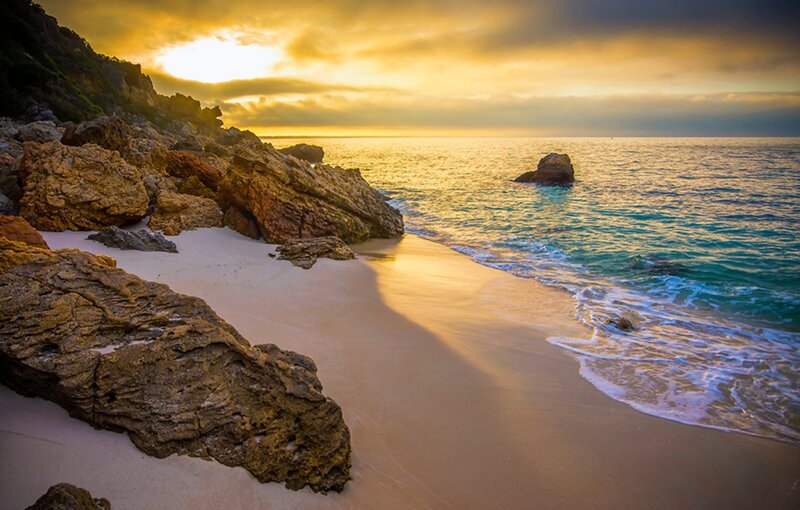 Beach at Sunset — Yellow, Serene, Photograph, Rocks, Ocean