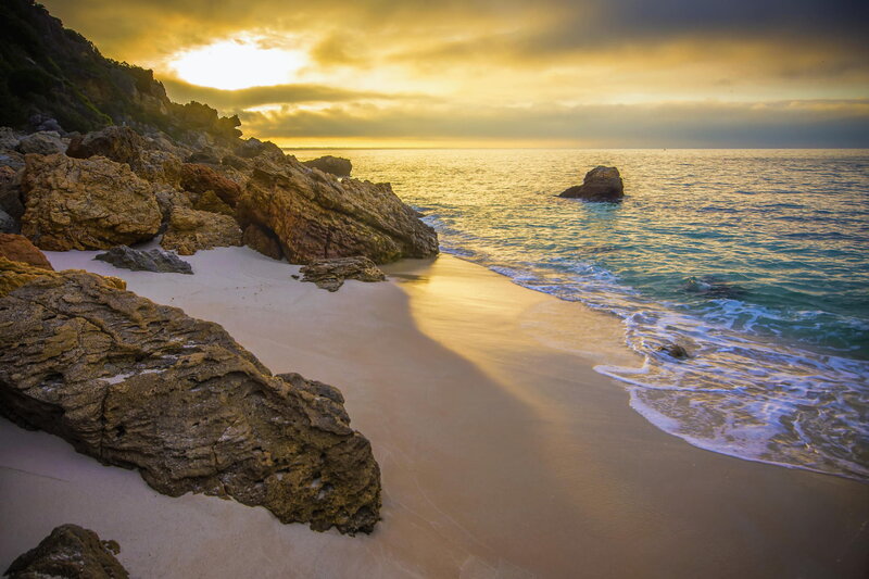Beach at Sunset — Yellow, Serene, Photograph, Rocks