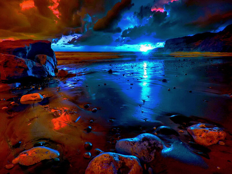 Beach at Twilight — Blue, Dramatic, Night, Digital Art